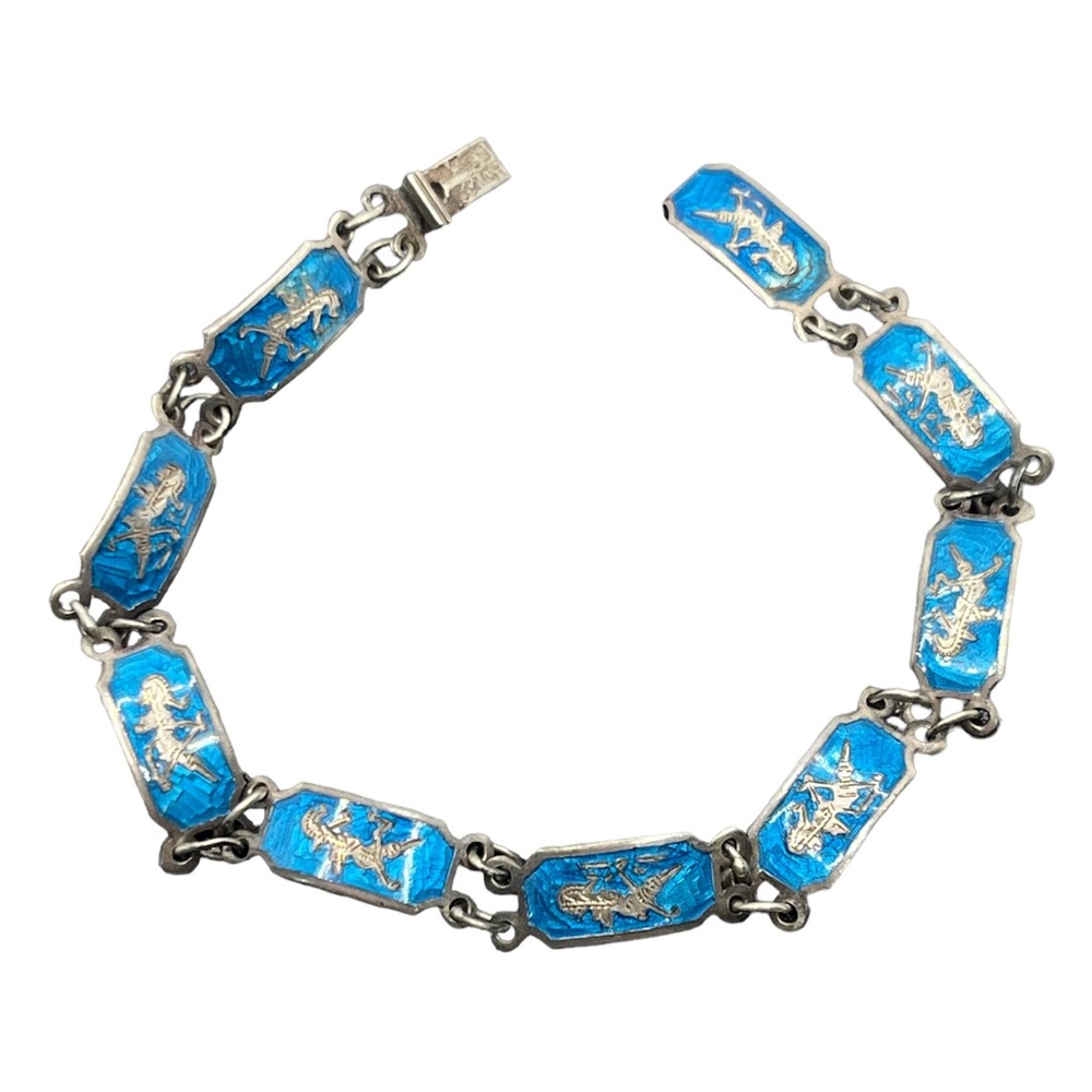 Vintage Siam Thailand Blue Enamel Dancing Women Goddess sterling Silver Bracelet